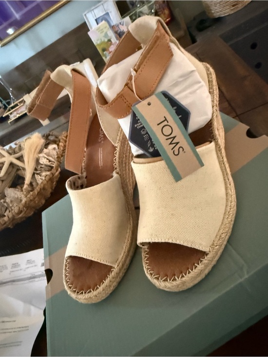 Toms Shoes - TOMS Cream Canvas Espadrille Wedge Sandals with Tan Leather Ankle Strap